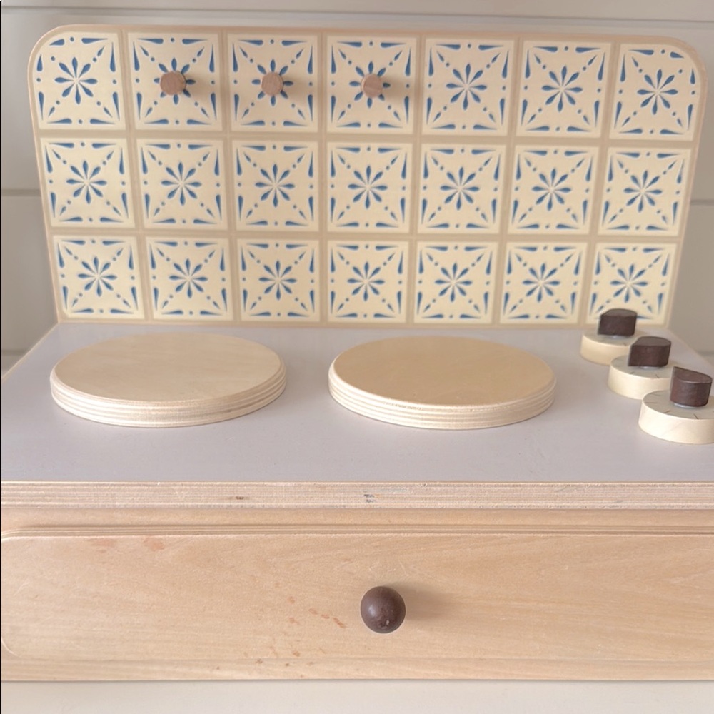 Wooden Toy Kitchen Set with Cream and Brown Accents